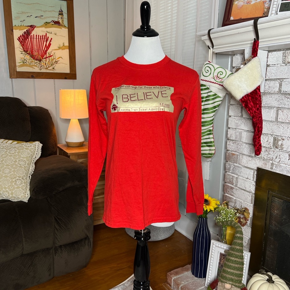 Red Long Sleeve Shirt Santa Christmas Believe Train ticket